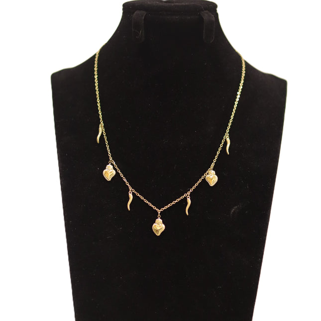Collana Iconica in Acciaio Inossidabile Oro e Argento – Girocollo Simbolico con Cuore Sacro o Ciondoli Portafortuna (Cuore e Cornetto Rosso), Gioiello Waterproof e Anallergico.