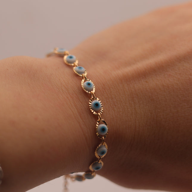 Bracciale Occhio di Allah Portafortuna - Amuleto Nazar contro il Malocchio - Catena in Acciaio Inox Oro o Argento - Regalo Scaramantico Donna e Ragazza