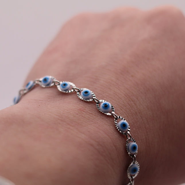 Bracciale Occhio di Allah Portafortuna - Amuleto Nazar contro il Malocchio - Catena in Acciaio Inox Oro o Argento - Regalo Scaramantico Donna e Ragazza