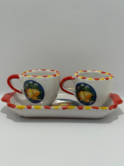 Set Vassoio + 2 Tazzine in Ceramica Artigianale Napoletana - Decoro Limoni