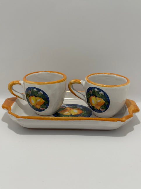 Set Vassoio + 2 Tazzine in Ceramica Artigianale Napoletana - Decoro Limoni