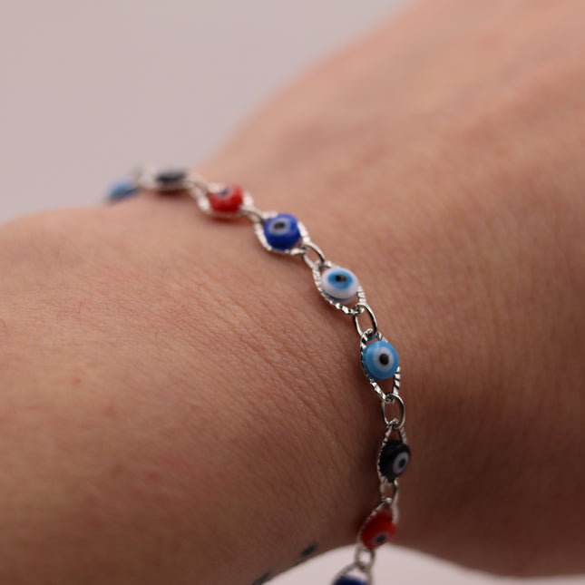 Bracciale Occhio di Allah Portafortuna - Amuleto Nazar contro il Malocchio - Catena in Acciaio Inox Oro o Argento - Regalo Scaramantico Donna e Ragazza