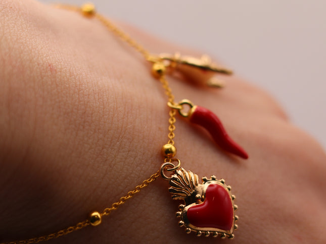 Bracciale Catena Sottile con Tris Portafortuna: Cuore Votivo, Cornicello e Mano Corna - Finitura Oro o Argento