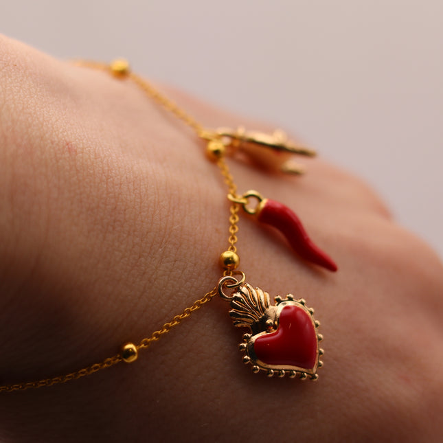 Bracciale Catena Sottile con Tris Portafortuna: Cuore Votivo, Cornicello e Mano Corna - Finitura Oro o Argento