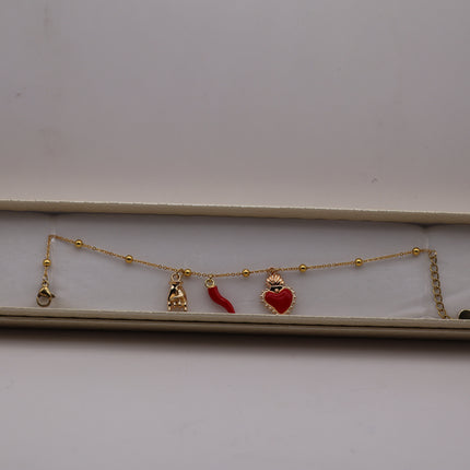 Bracciale Catena Sottile con Tris Portafortuna: Cuore Votivo, Cornicello e Mano Corna - Finitura Oro o Argento