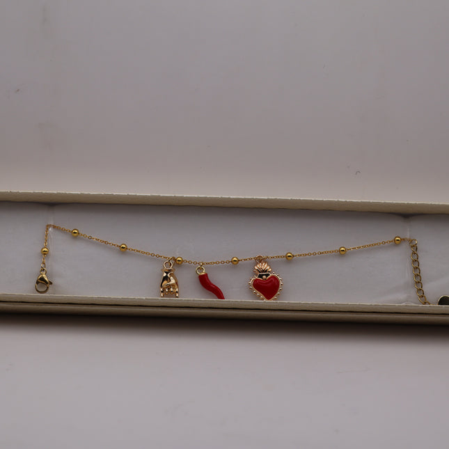 Bracciale Catena Sottile con Tris Portafortuna: Cuore Votivo, Cornicello e Mano Corna - Finitura Oro o Argento