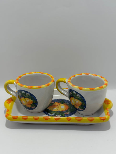Set Vassoio + 2 Tazzine in Ceramica Artigianale Napoletana - Decoro Limoni