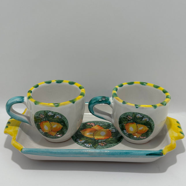 Tray Set + 2 Handcrafted Neapolitan Ceramic Cups - Lemon Decoration