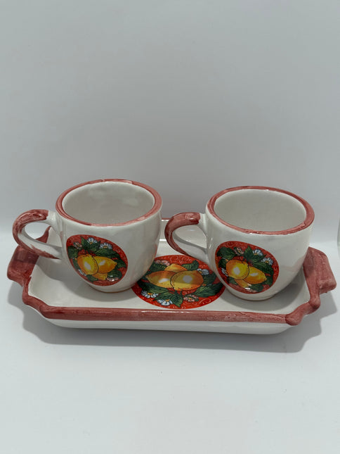Set Vassoio + 2 Tazzine in Ceramica Artigianale Napoletana - Decoro Limoni
