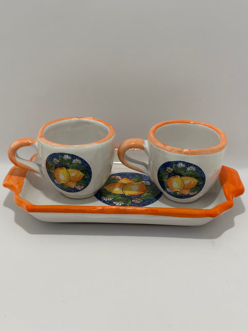 Set Vassoio + 2 Tazzine in Ceramica Artigianale Napoletana - Decoro Limoni