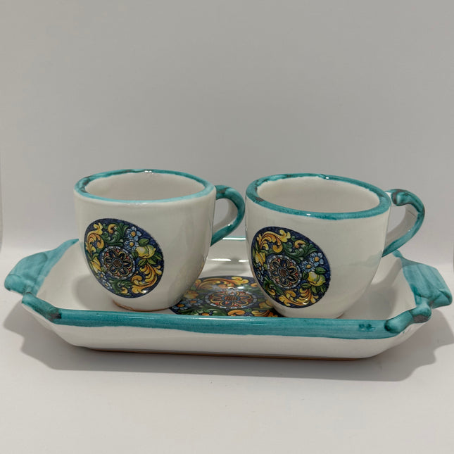 Tray Set + 2 Hand-Painted Neapolitan Ceramic Cups - Majolica Decor