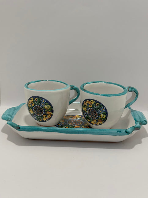 Set Vassoio + 2 Tazzine in Ceramica Artigianale Napoletana - Decoro Maioliche