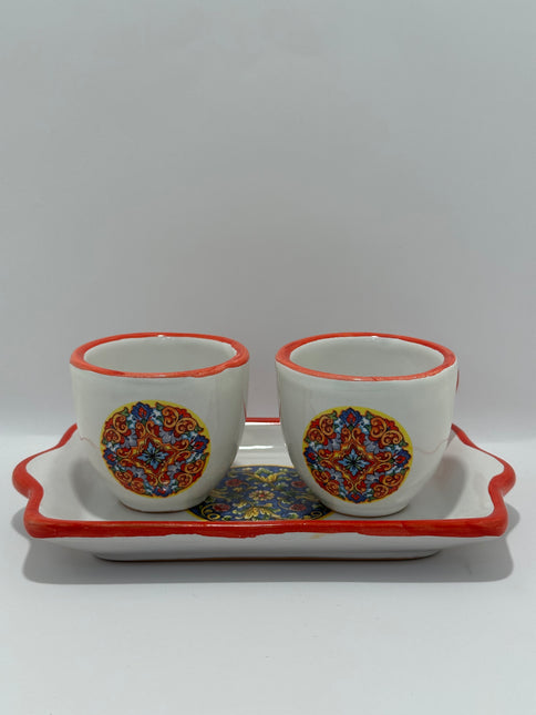Set Vassoio + 2 Tazzine in Ceramica Artigianale Napoletana - Decoro Maioliche