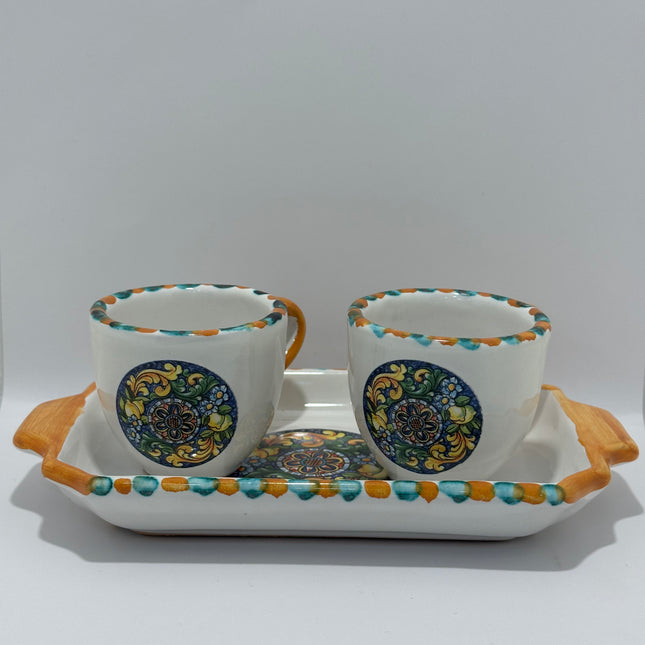 Tray Set + 2 Hand-Painted Neapolitan Ceramic Cups - Majolica Decor