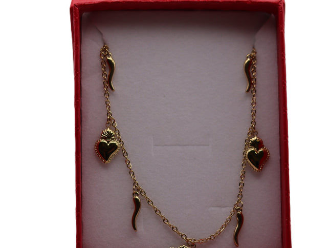 Collana Iconica in Acciaio Inossidabile Oro e Argento – Girocollo Simbolico con Cuore Sacro o Ciondoli Portafortuna (Cuore e Cornetto Rosso), Gioiello Waterproof e Anallergico.