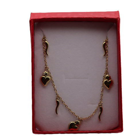 Iconic Gold and Silver Stainless Steel Necklace – Symbolic Choker with Sacred Heart or Lucky Charm Pendants (Heart and Red Horn), Waterproof and Hypoallergenic Jewelry.