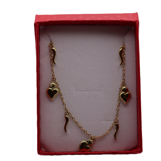 Collana Iconica in Acciaio Inossidabile Oro e Argento – Girocollo Simbolico con Cuore Sacro o Ciondoli Portafortuna (Cuore e Cornetto Rosso), Gioiello Waterproof e Anallergico.