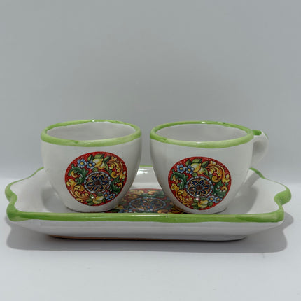Set Vassoio + 2 Tazzine in Ceramica Artigianale Napoletana - Decoro Maioliche