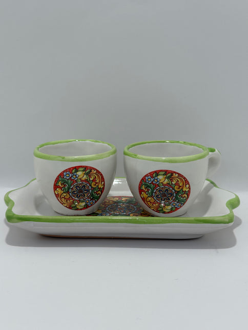 Set Vassoio + 2 Tazzine in Ceramica Artigianale Napoletana - Decoro Maioliche