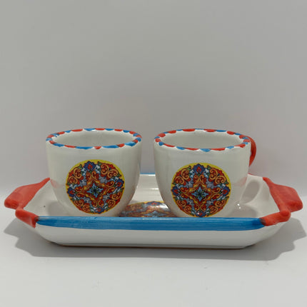 Set Vassoio + 2 Tazzine in Ceramica Artigianale Napoletana - Decoro Maioliche