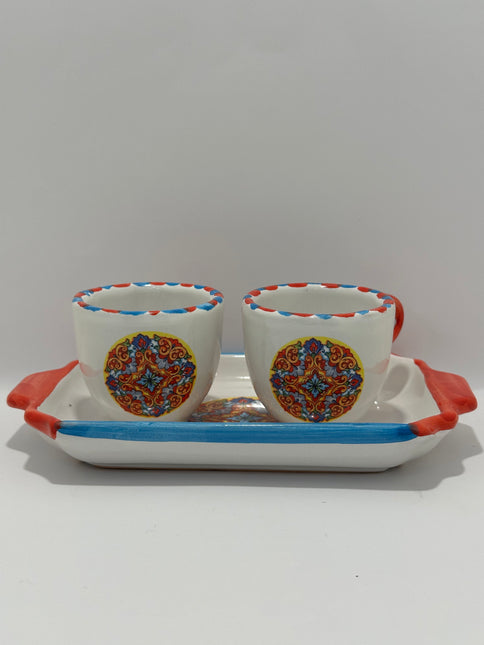 Set Vassoio + 2 Tazzine in Ceramica Artigianale Napoletana - Decoro Maioliche
