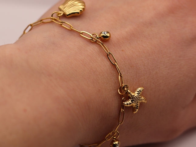 Bracciale Marino in Acciaio Inox con Ciondoli Conchiglia e Pesciolino – Variante Oro o Argento – Regalo Estate Donna