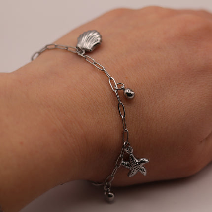 Bracciale Marino in Acciaio Inox con Ciondoli Conchiglia e Pesciolino – Variante Oro o Argento – Regalo Estate Donna