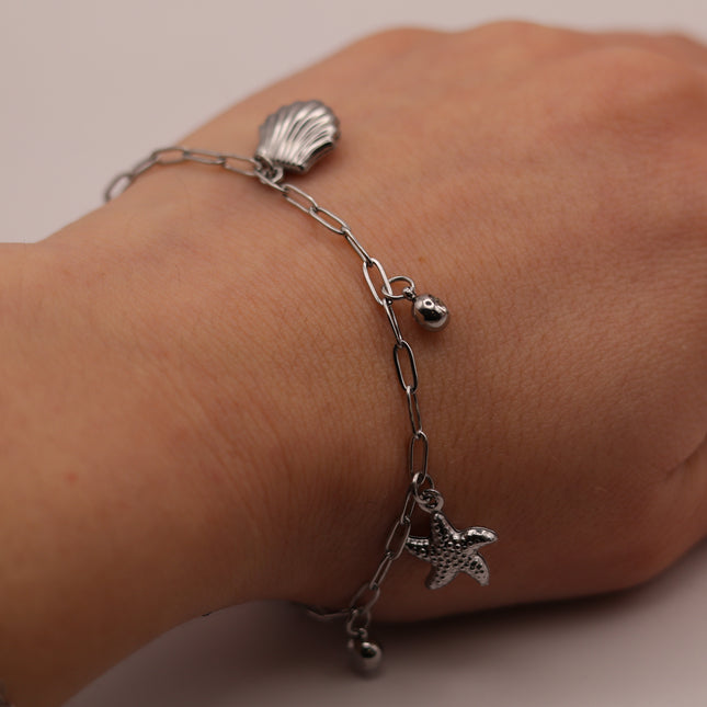 Bracciale Marino in Acciaio Inox con Ciondoli Conchiglia e Pesciolino – Variante Oro o Argento – Regalo Estate Donna