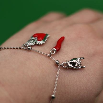 Bracciale Catena Sottile con Tris Portafortuna: Cuore Votivo, Cornicello e Mano Corna - Finitura Oro o Argento