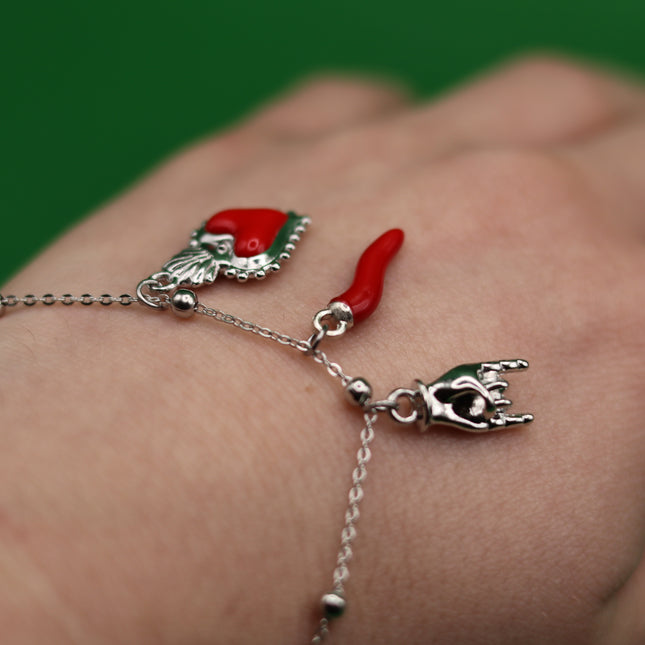 Bracciale Catena Sottile con Tris Portafortuna: Cuore Votivo, Cornicello e Mano Corna - Finitura Oro o Argento