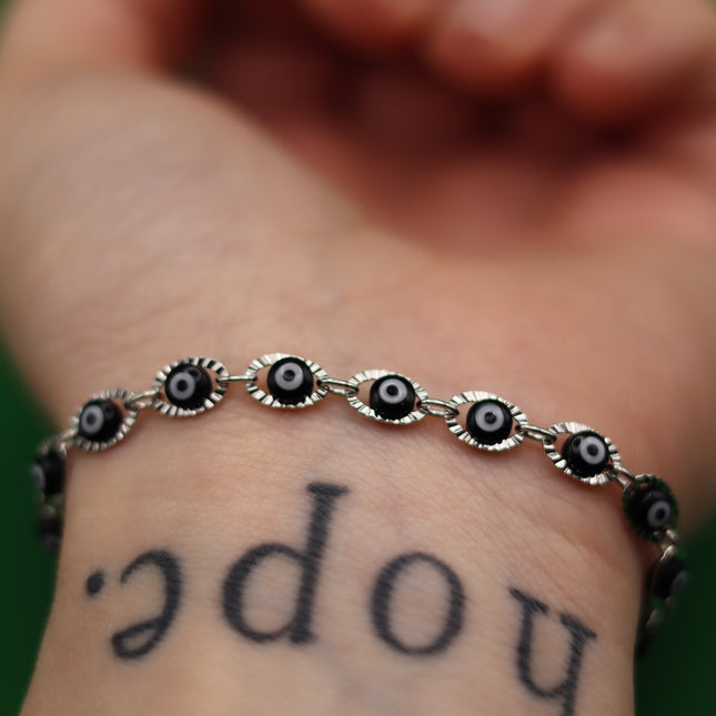 Bracciale Occhio di Allah Portafortuna - Amuleto Nazar contro il Malocchio - Catena in Acciaio Inox Oro o Argento - Regalo Scaramantico Donna e Ragazza