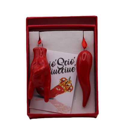 Set Scaramantico in Ceramica Napoletana - Corno Portafortuna con Maschera Pulcinella o Mano Corna - Kit 2 Pezzi in Ceramica Artigianale Rossa