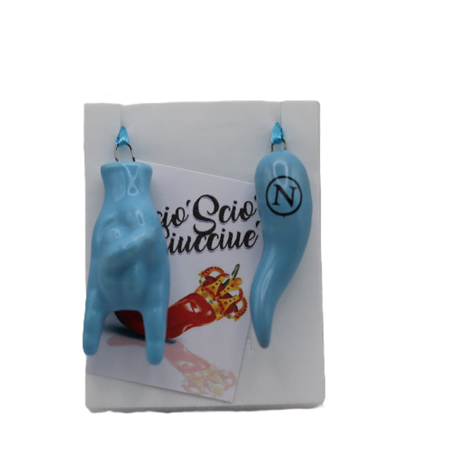 Set Scaramantico Azzurro Napoli in Ceramica - Corno Portafortuna con Logo e Maschera o Mano Corna - Kit Regalo Artigianale per Tifosi