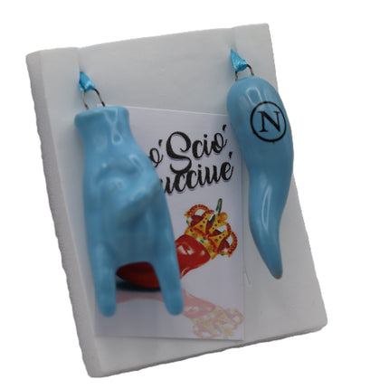 Set Scaramantico Azzurro Napoli in Ceramica - Corno Portafortuna con Logo e Maschera o Mano Corna - Kit Regalo Artigianale per Tifosi