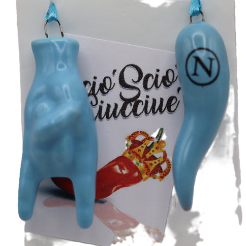 Set Scaramantico Azzurro Napoli in Ceramica - Corno Portafortuna con Logo e Maschera o Mano Corna - Kit Regalo Artigianale per Tifosi