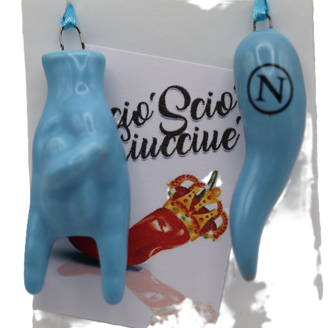Set Scaramantico Azzurro Napoli in Ceramica - Corno Portafortuna con Logo e Maschera o Mano Corna - Kit Regalo Artigianale per Tifosi