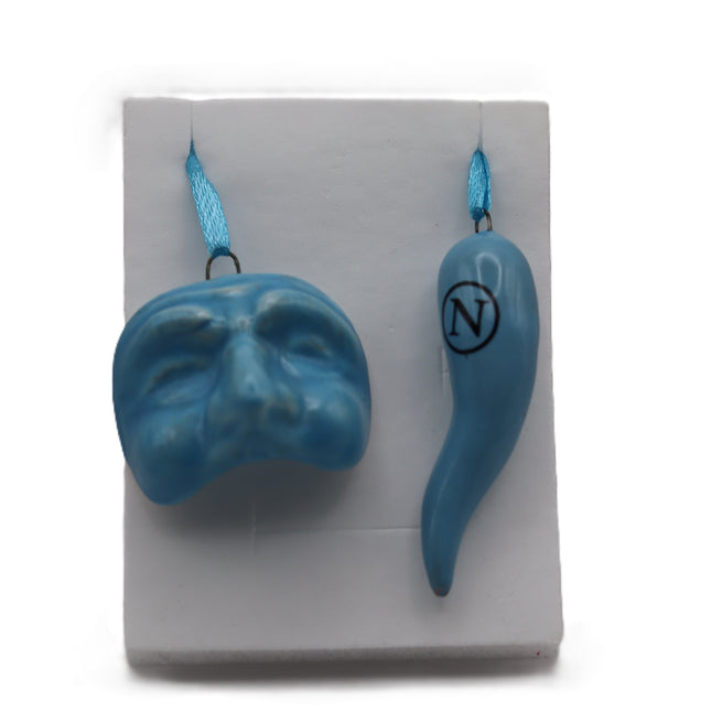 Set Scaramantico Azzurro Napoli in Ceramica - Corno Portafortuna con Logo e Maschera o Mano Corna - Kit Regalo Artigianale per Tifosi