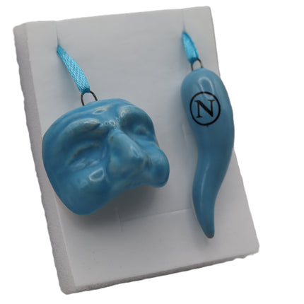Set Scaramantico Azzurro Napoli in Ceramica - Corno Portafortuna con Logo e Maschera o Mano Corna - Kit Regalo Artigianale per Tifosi