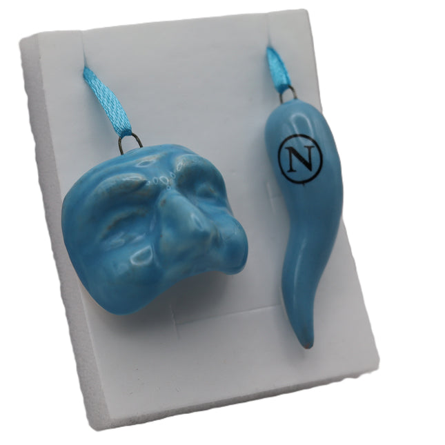 Set Scaramantico Azzurro Napoli in Ceramica - Corno Portafortuna con Logo e Maschera o Mano Corna - Kit Regalo Artigianale per Tifosi