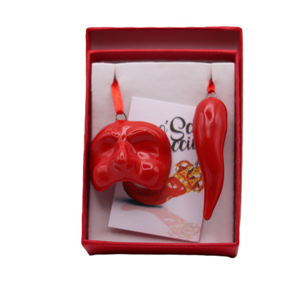 Set Scaramantico in Ceramica Napoletana - Corno Portafortuna con Maschera Pulcinella o Mano Corna - Kit 2 Pezzi in Ceramica Artigianale Rossa