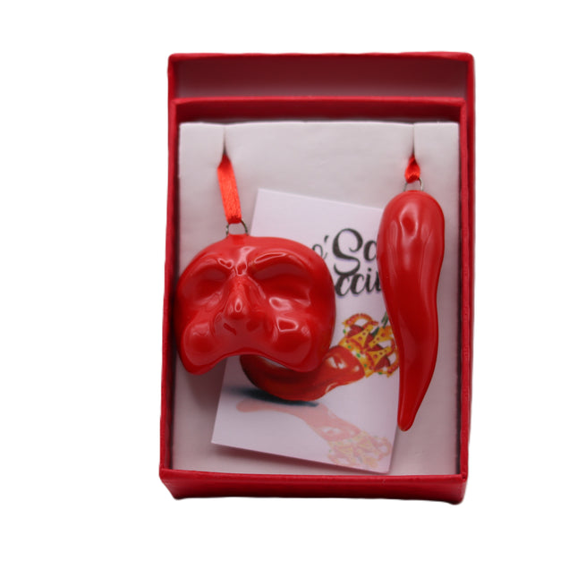 Neapolitan Ceramic Lucky Charm Set - Lucky Horn with Pulcinella Mask or Hand Horns - 2-Piece Handmade Red Ceramic Kit