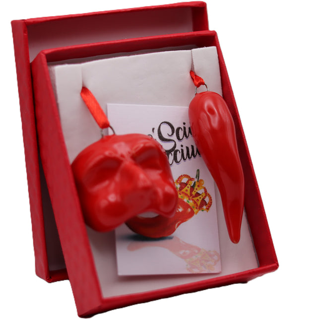 Set Scaramantico in Ceramica Napoletana - Corno Portafortuna con Maschera Pulcinella o Mano Corna - Kit 2 Pezzi in Ceramica Artigianale Rossa