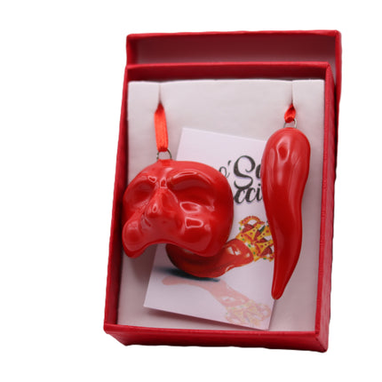 Set Scaramantico in Ceramica Napoletana - Corno Portafortuna con Maschera Pulcinella o Mano Corna - Kit 2 Pezzi in Ceramica Artigianale Rossa