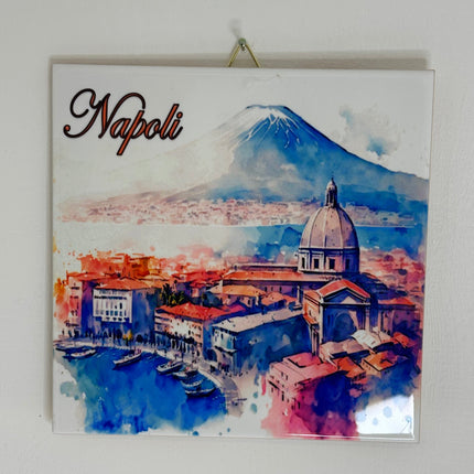 Mattonella in Ceramica 15x15cm Artigianale | Napoli: Golfo, Duomo e Vesuvio | Souvenir Artistico da Parete