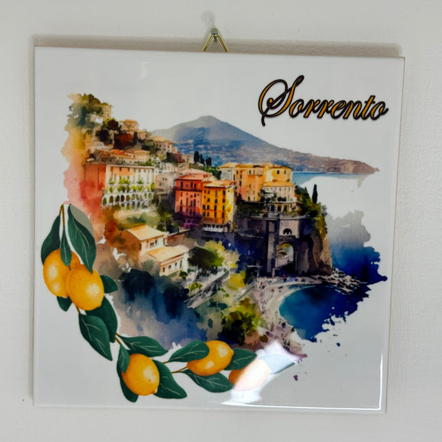 Mattonella in Ceramica 15x15cm Artigianale | Sorrento: Terrazze e Limoni | Decorazione Murale Artigianato Italiano