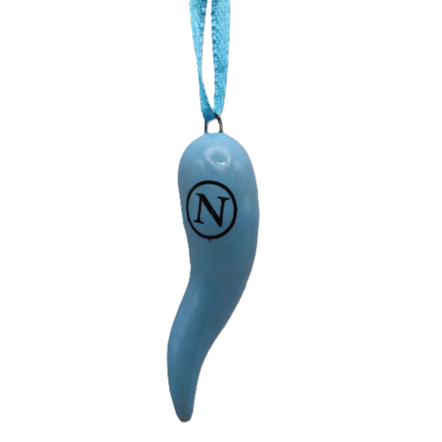 Celeste Naples Lucky Horn Ceramic Charm with Logo and Strap, Handmade Neapolitan Good Luck Amulet, Gift for Napoli Fans