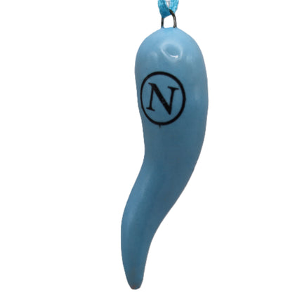 Corno Portafortuna Celeste Napoli in Ceramica con Logo e Laccetto, Amuleto Scaramantico Napoletano Fatto a Mano, Regalo Tifosi Azzurri