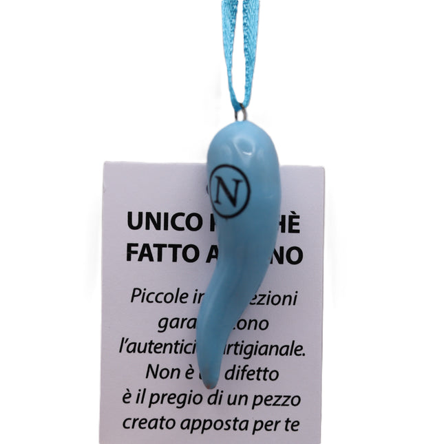 Celeste Naples Lucky Horn Ceramic Charm with Logo and Strap, Handmade Neapolitan Good Luck Amulet, Gift for Napoli Fans