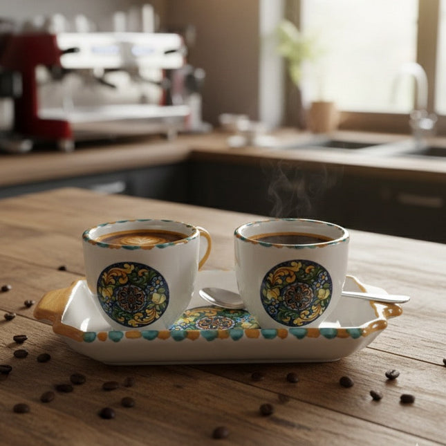 Set Vassoio + 2 Tazzine in Ceramica Artigianale Napoletana - Decoro Maioliche