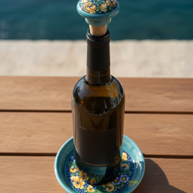 Bottle Stopper + Ceramic Bottle Coaster Gift Set | Hand-Painted Majolica